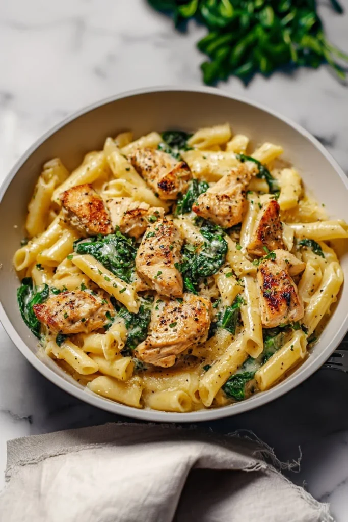 Healthy garlic parmesan chicken pasta with fresh ingredients and savory flavors.