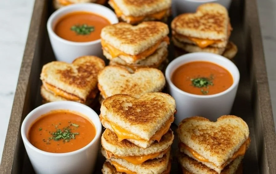 Heart-shaped grilled cheese dippers served with dipping sauce