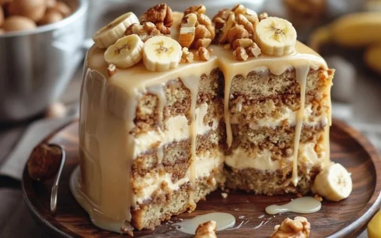 Slice of Heavenly Banana Walnut Cream Cake with toasted walnuts on top