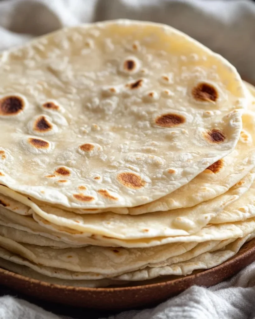 Delicious homemade flour tortillas on a wooden cutting board.