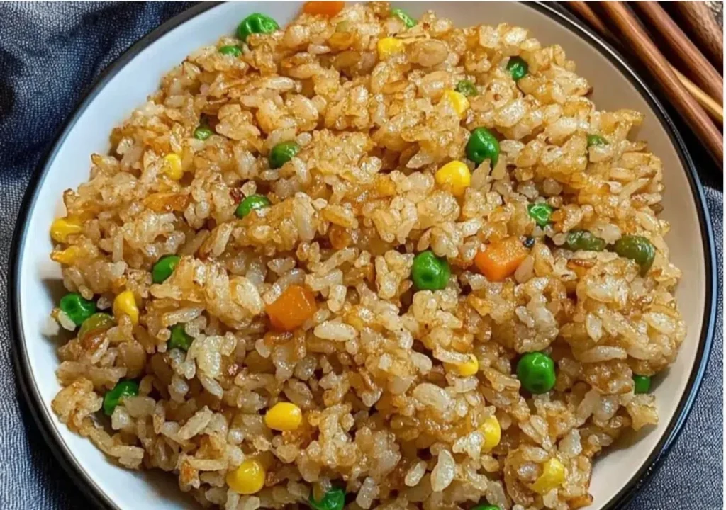 A colorful bowl of homemade fried rice with vegetables and eggs