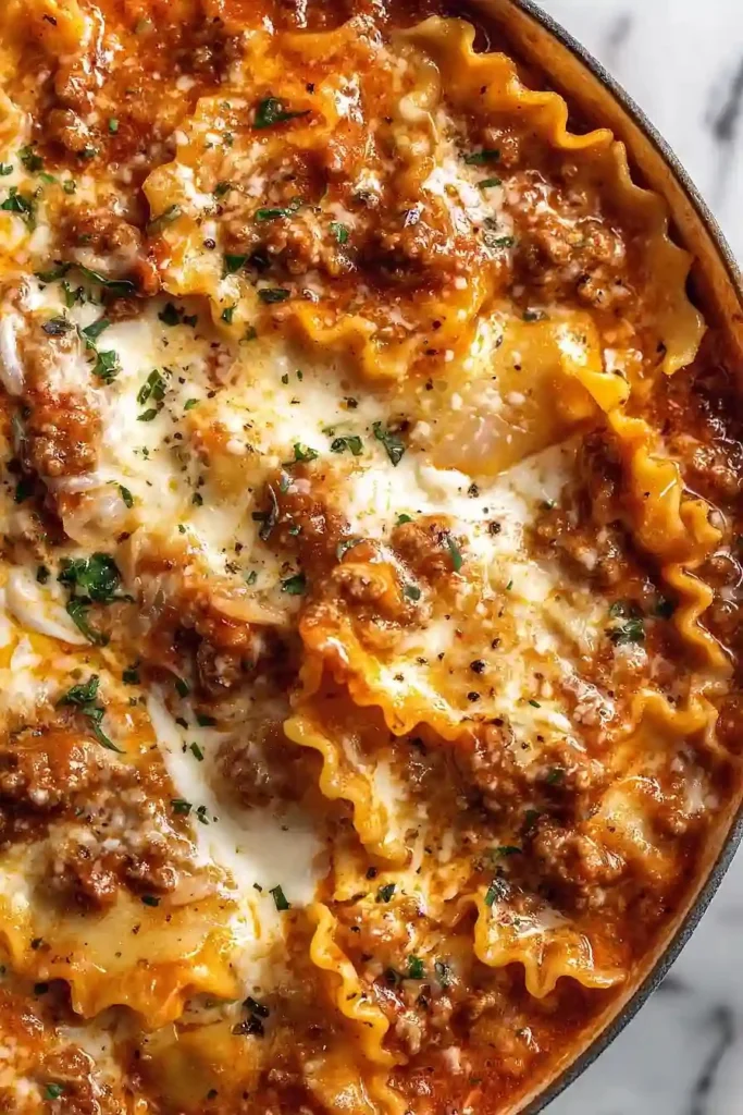 Bowl of homemade lasagna soup topped with ricotta cheese and herbs