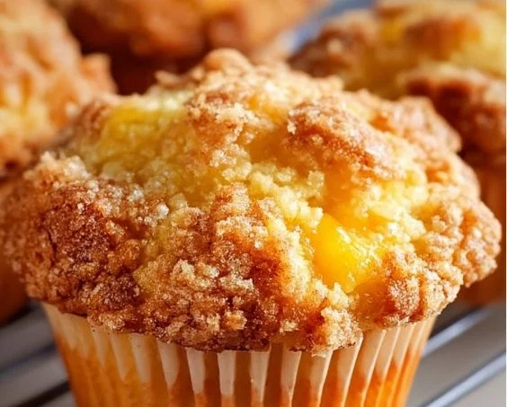 Delicious homemade peach cobbler muffins with fresh peaches