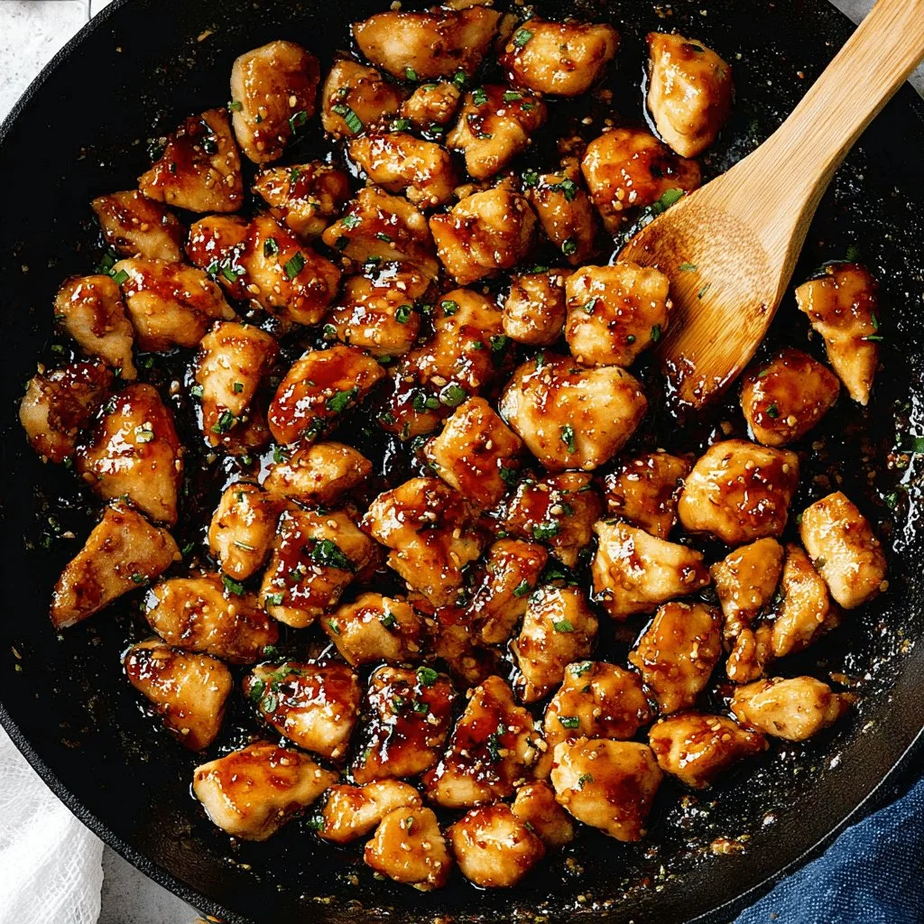 Honey Garlic Chicken Bites on a plate garnished with herbs