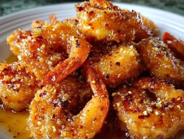 Hot Honey Fried Shrimp served with dipping sauce and garnish