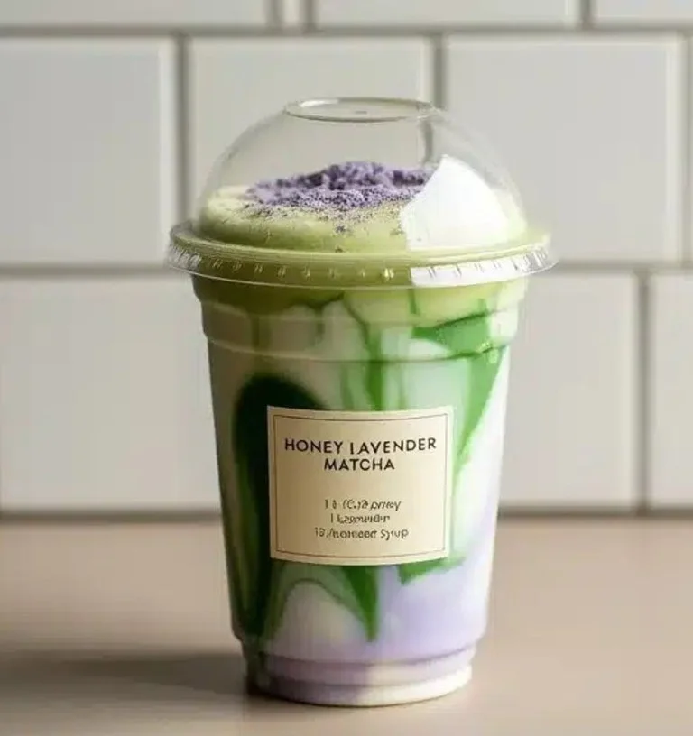 Iced Honey Lavender Matcha drink in a glass with lavender flowers