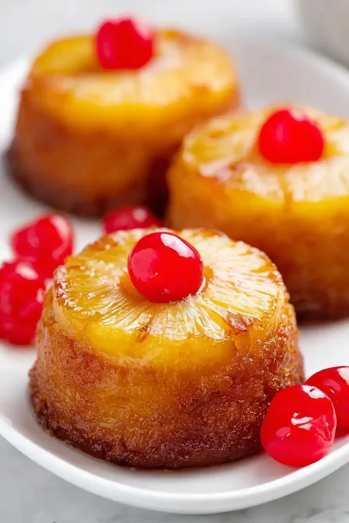 Individual mini pineapple upside down cakes with caramelized pineapple topping.