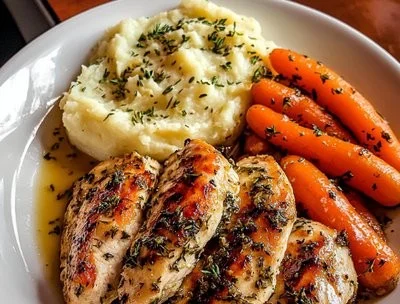 Delicious Garlic Herb Chicken plated with creamy mashed potatoes