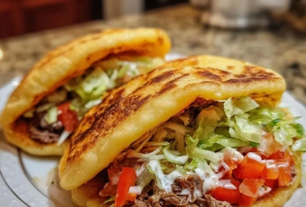 Plate of delicious Mexican Gorditas filled with various toppings