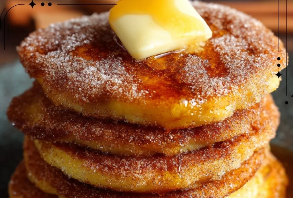 Delicious Spanish churro pancakes dusted with cinnamon sugar and drizzled with chocolate.