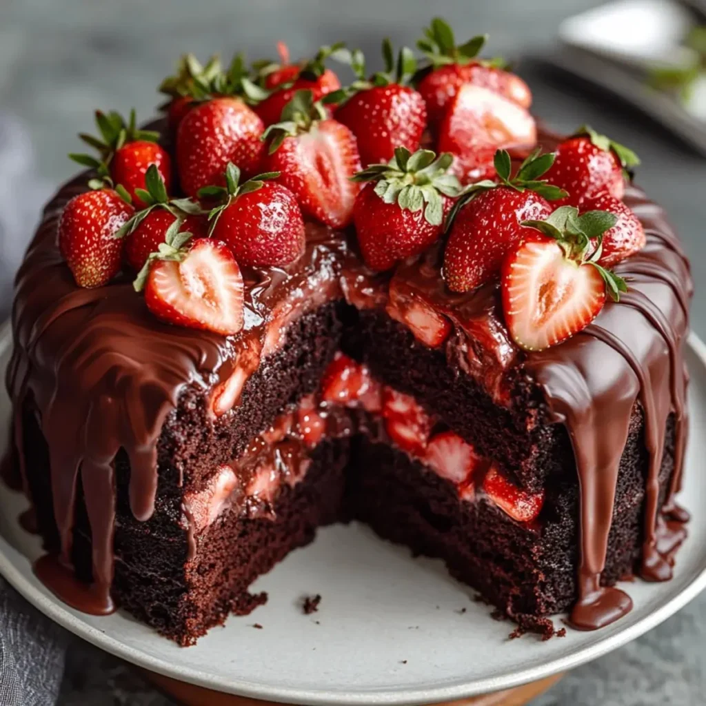 Irresistible strawberry chocolate shell cake with rich frosting and fresh strawberries