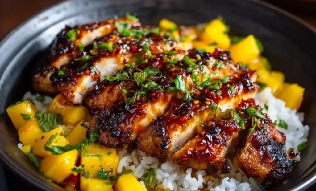 Mango glazed chicken garnished with herbs and served in a bowl