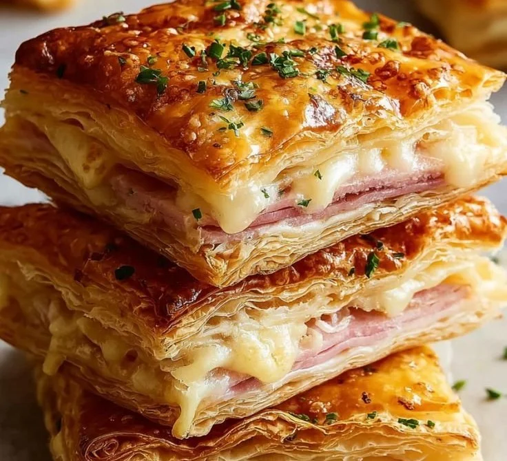 Crispy ham and cheese puff pastry stacks ready to be enjoyed