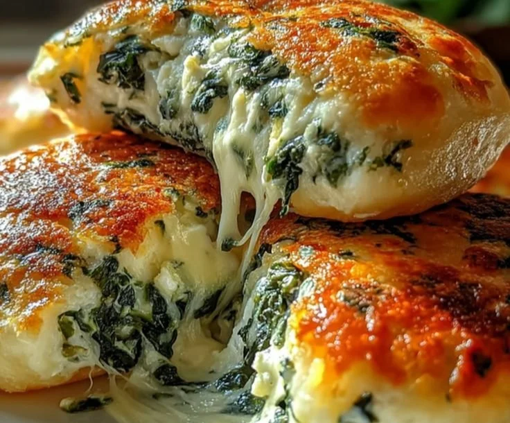 Delicious spinach cottage cheese flatbreads on a wooden board.