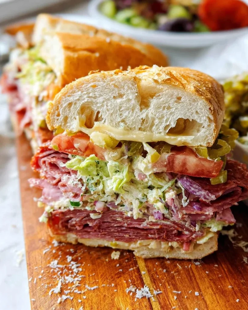 Italian Grinder Salad Sandwich with fresh vegetables and meats stacked on crusty bread