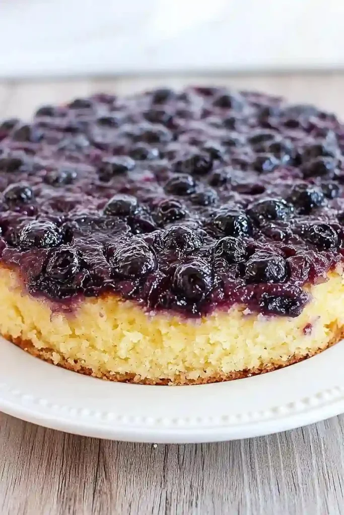 Delicious blueberry upside down cake topped with fresh blueberries