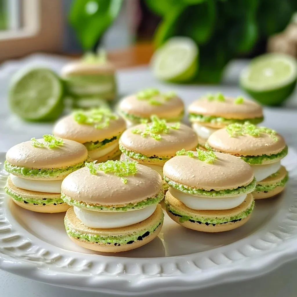 Delicious Key Lime Macarons with a zesty filling on a decorative plate.