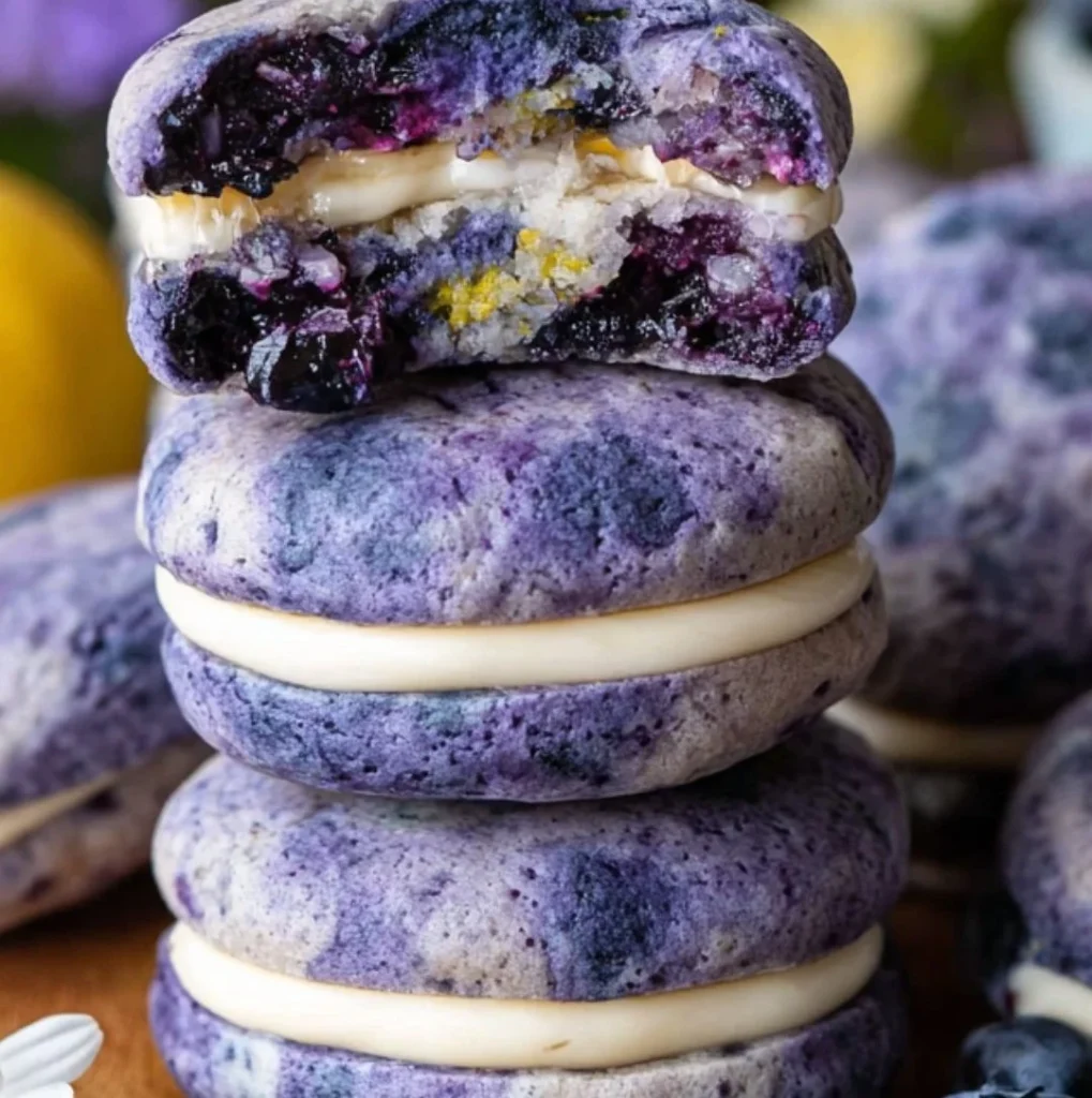 Lemon Blueberry Cheesecake Cookies stacked on a plate