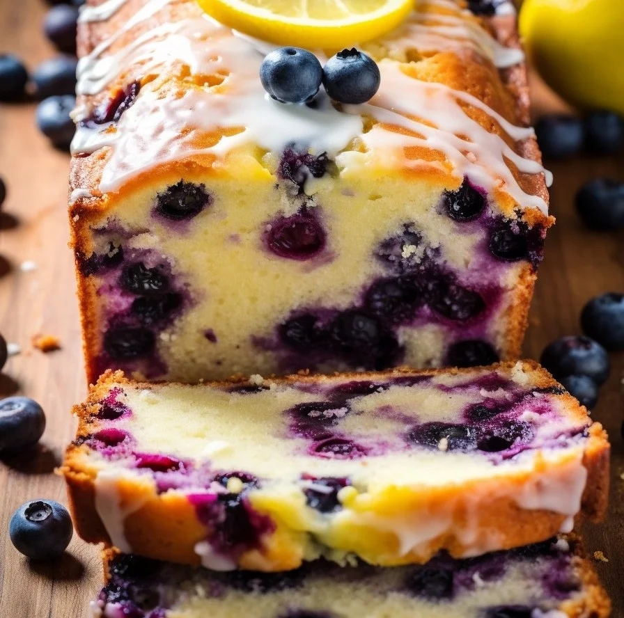Sliced Lemon Blueberry Yogurt Loaf on a wooden table