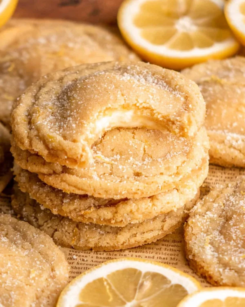 Lemon cheesecake cookies with a zesty lemon glaze on a plate.