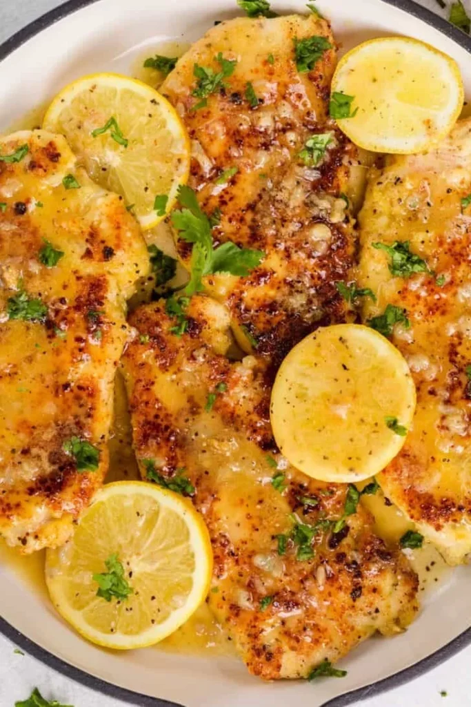 Plate of Lemon Chicken drizzled with Lemon Butter Sauce, garnished with herbs