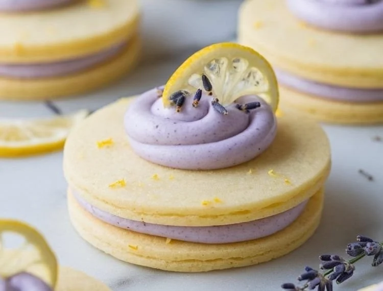 Lemon lavender sandwich cookies stacked on a plate, showcasing their vibrant colors.