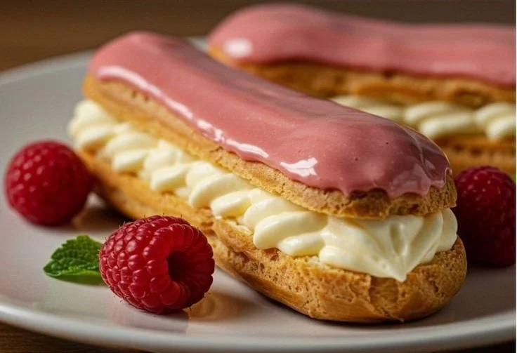 Delicious lemon raspberry eclairs topped with creamy filling and fresh raspberries