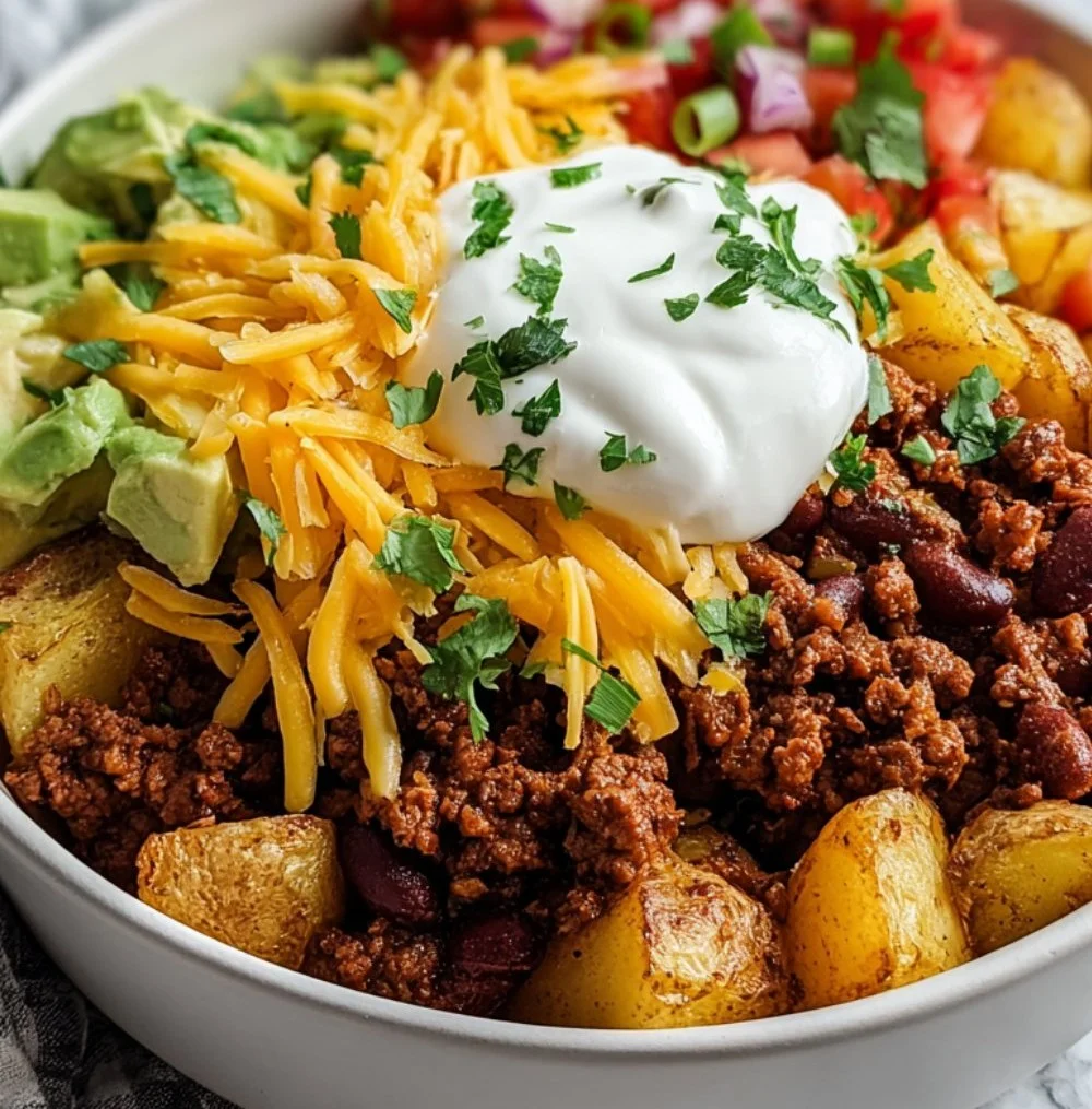 Delicious Loaded Potato Taco Bowl with crispy potatoes and taco fillings