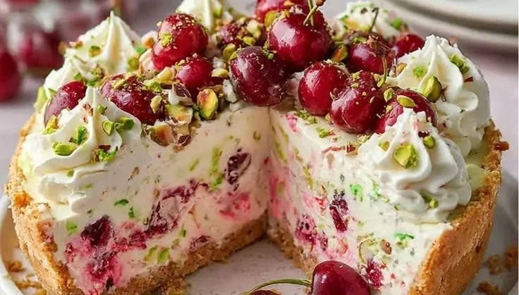 Luscious lemon-lime cherry pistachio cheesecake topped with fresh cherries and pistachios