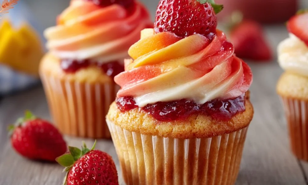 Mango Strawberry Cupcakes topped with vibrant frosting and fresh fruit