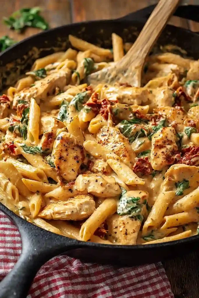 Delicious plate of Marry Me Chicken Pasta garnished with herbs