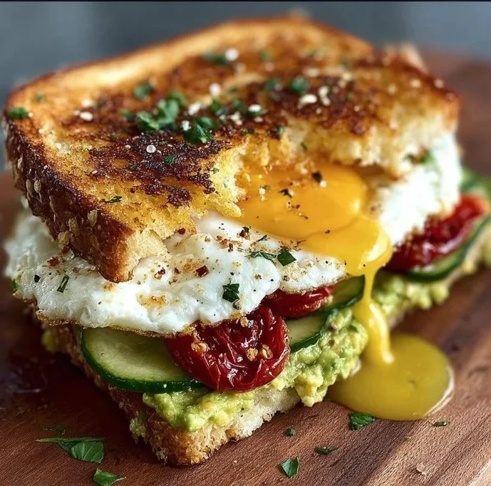 Mediterranean breakfast sandwich with fresh ingredients and herbs.