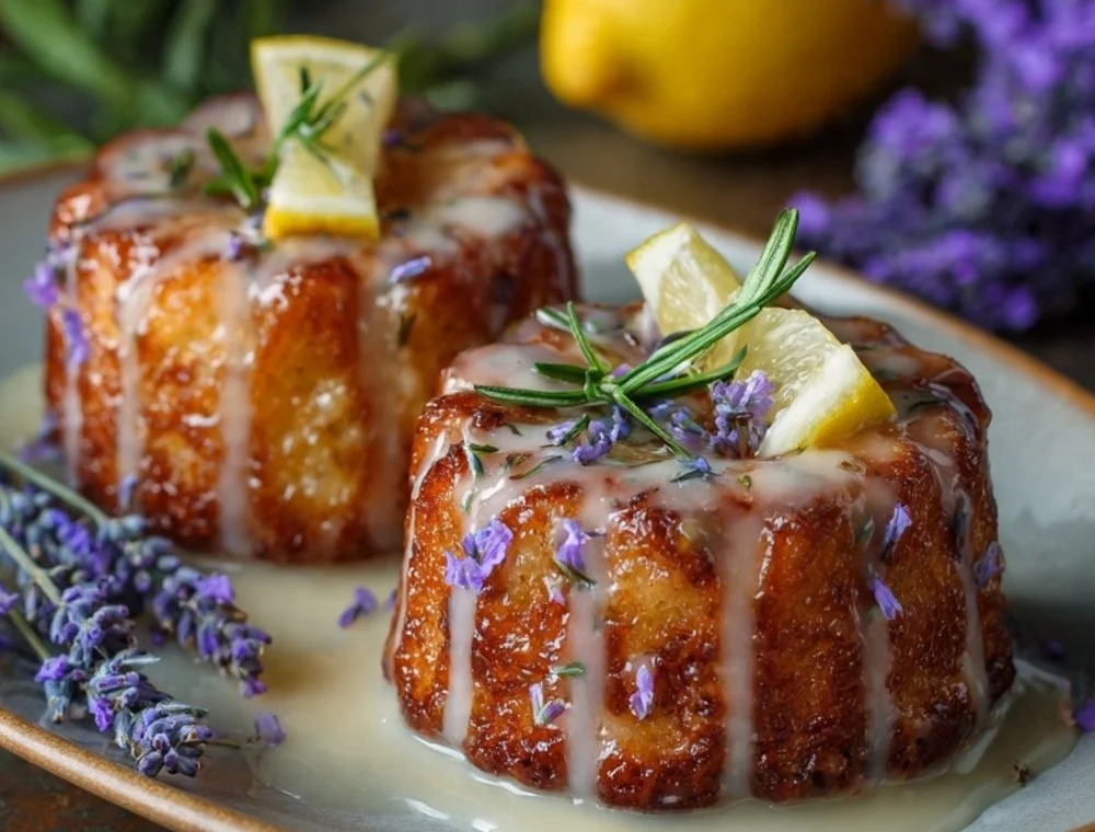 Mini lemon cakes drizzled with lavender glaze on a white plate.