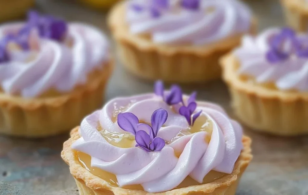 Mini lemon tarts with lilac meringue on a serving plate
