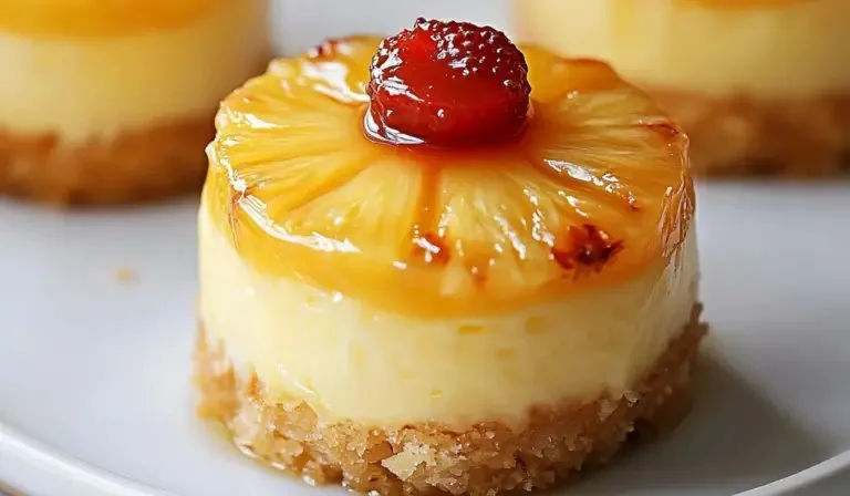 Mini pineapple upside-down cheesecakes topped with glazed pineapples and cherries