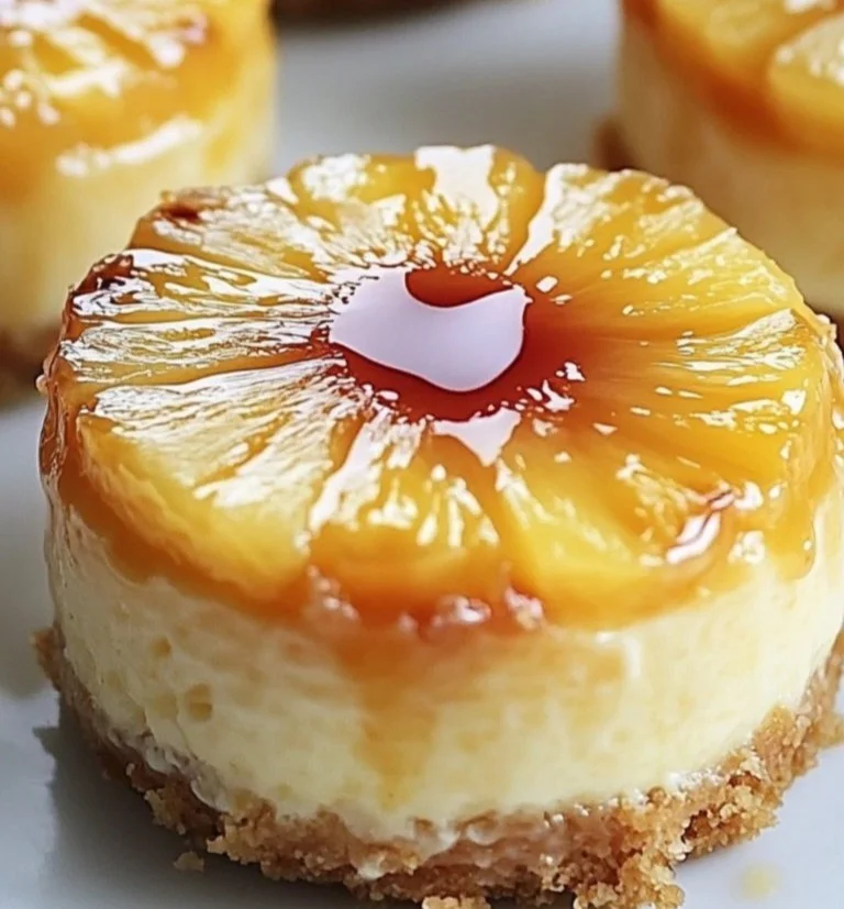 Mini Pineapple Upside-Down Cheesecakes topped with pineapple slices and cherries