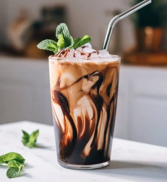 Handcrafted mint chocolate cold brew coffee in a glass with mint leaves