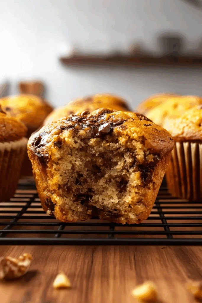 Freshly baked moist banana bread muffins on a cooling rack