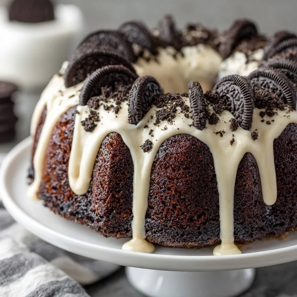 Moist Oreo Bundt Cake with a delicious cream cheese glaze on top.