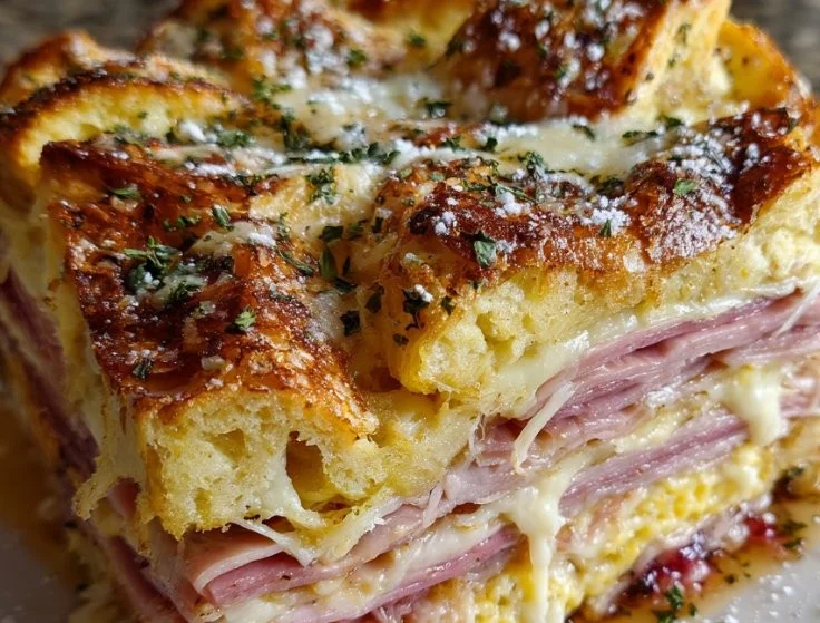 Monte Cristo breakfast casserole topped with cheese and herbs