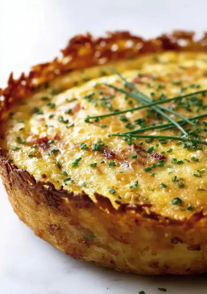 Hash brown quiche with bacon and cheddar in a golden crust