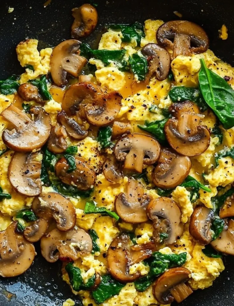 Delicious mushroom spinach scrambled eggs on a plate, ideal for breakfast