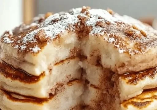 Delicious Nancy's cinnamon roll pancakes drizzled with icing and topped with cinnamon.