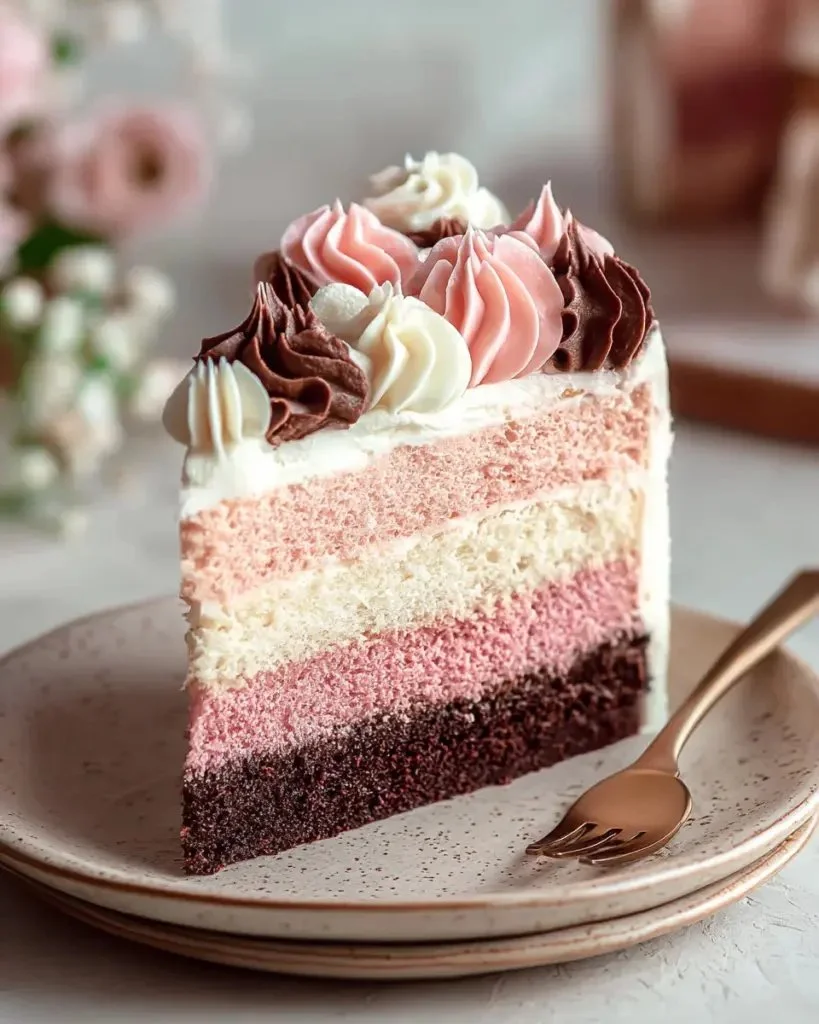 Delicious Neapolitan Cake with layers of chocolate, vanilla, and strawberry