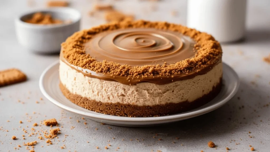Delicious No Bake Biscoff Cheesecake topped with caramel and cookie crumbles.