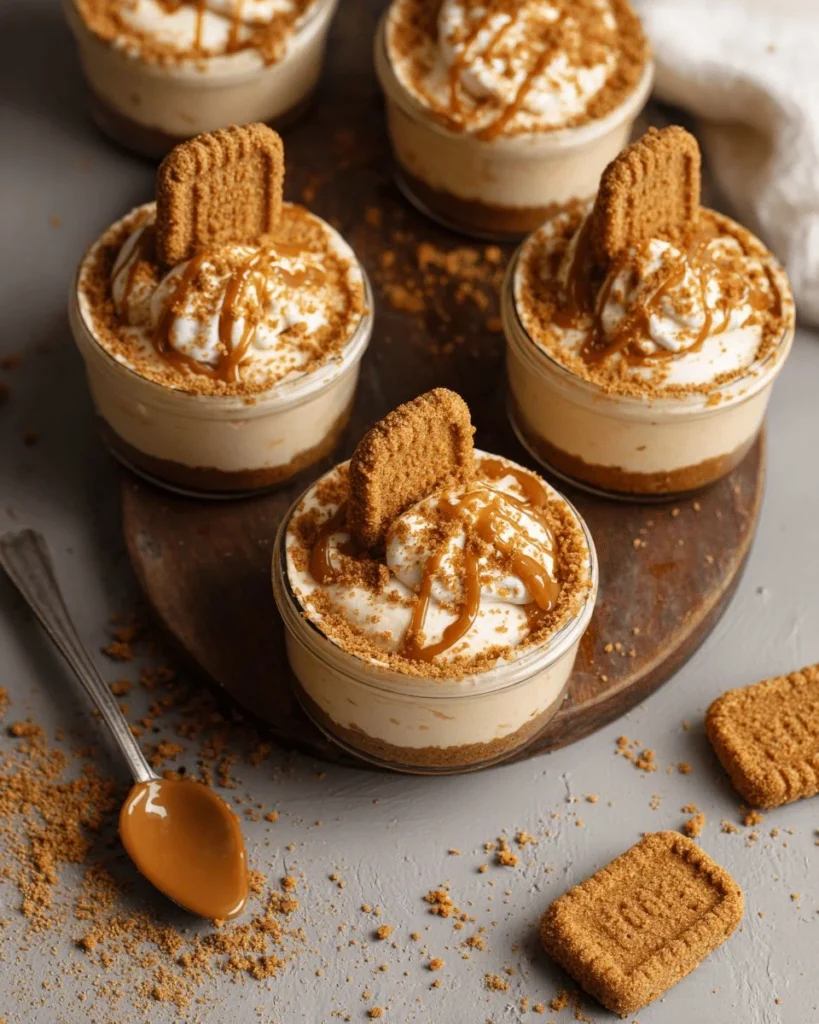 No-bake Biscoff cheesecake cups topped with crushed Biscoff cookies.