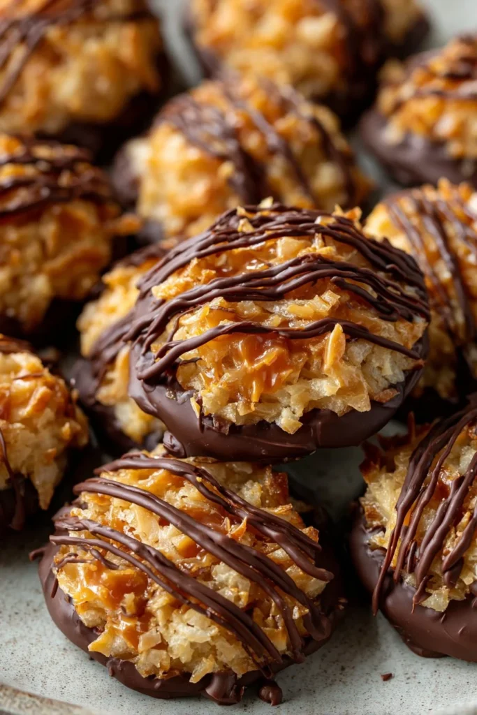 No-bake Samoa Cookies stacked with chocolate and caramel drizzles
