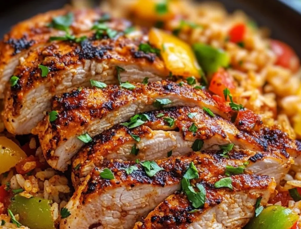 One-Pan Cajun Chicken and Rice dish featuring vibrant spices and hearty ingredients
