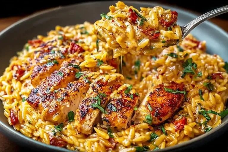 Creamy Cajun Chicken Alfredo Orzo in a bowl with fresh herbs