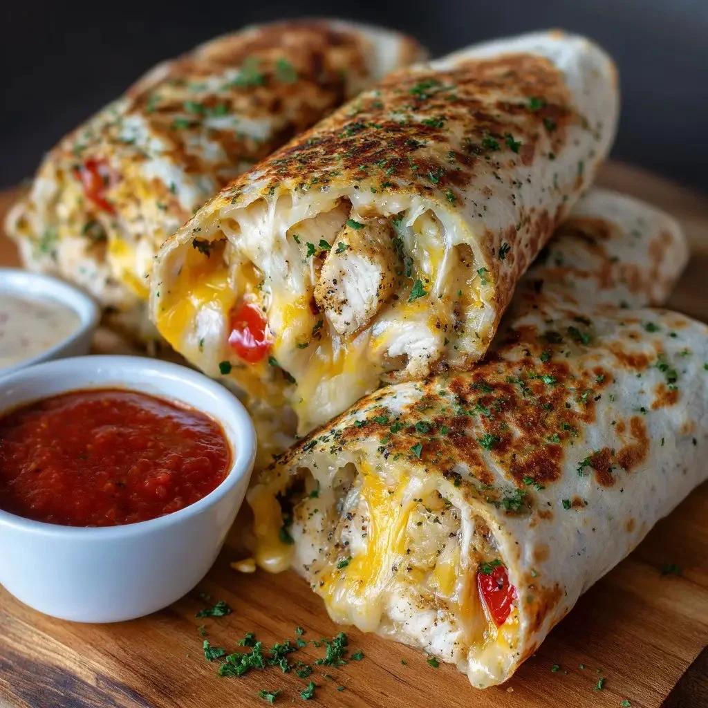 Delicious cheesy garlic chicken wraps with melted cheese and garlic flavor